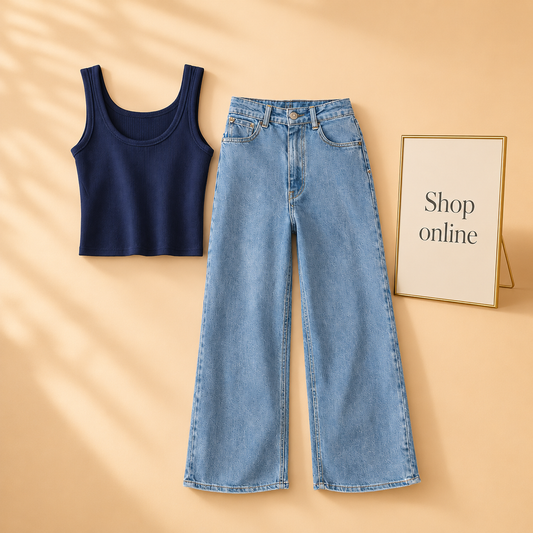 NAVY BLUE TANK TOP WITH ICE BLUE WIDE LEG JEANS