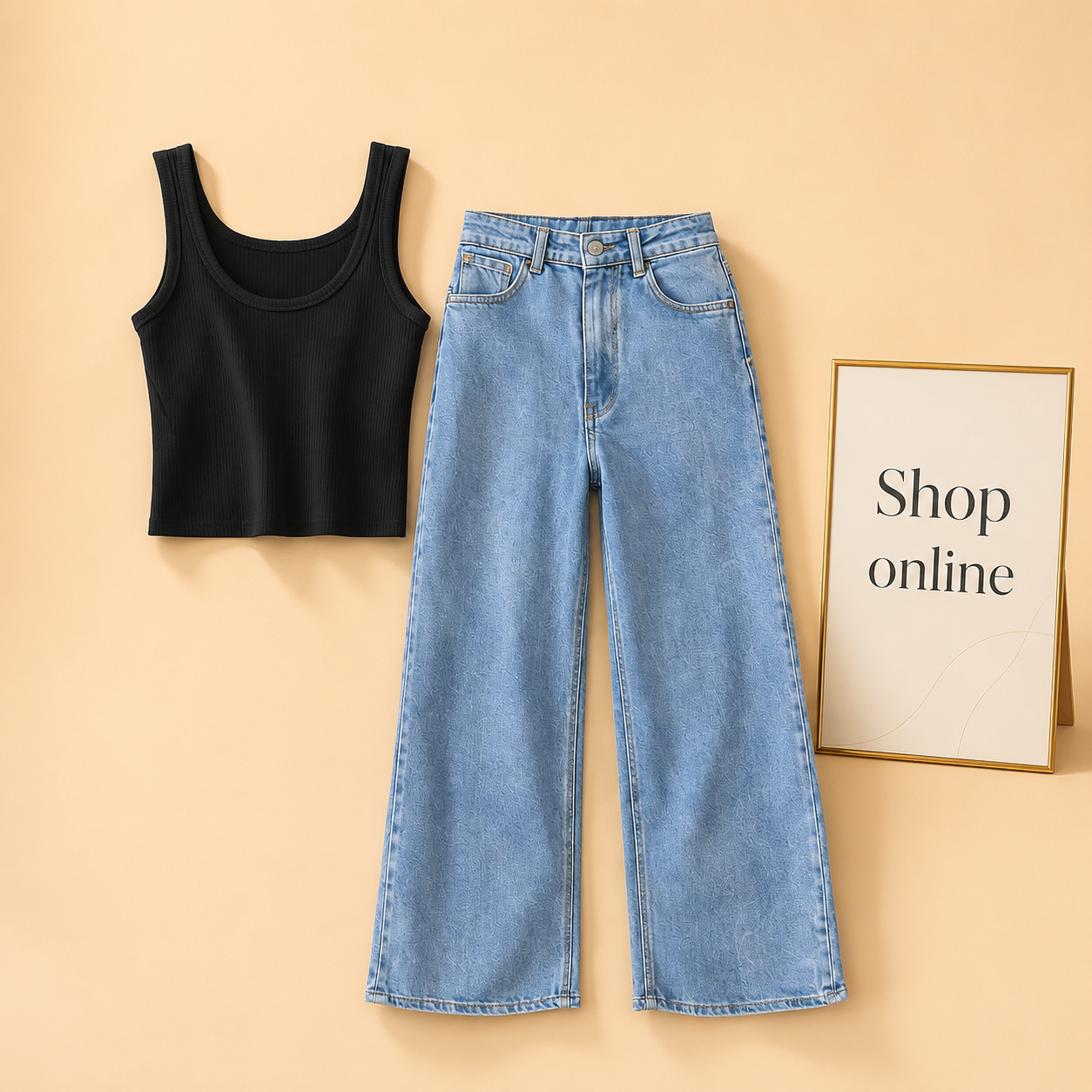 BLACK TANK TOP WITH ICE BLUE WIDE LEG JEANS