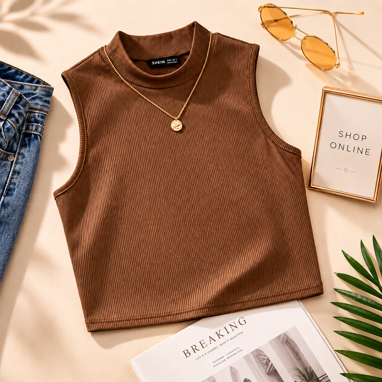 RIB KNIT BROWN TANK TOP