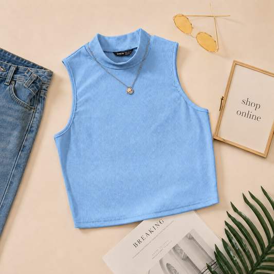 SKY BLUE RIB KNIT TANK TOP