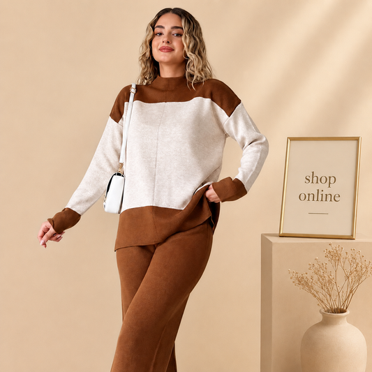 BROWN PANEL RIB KNIT CO ORD SET