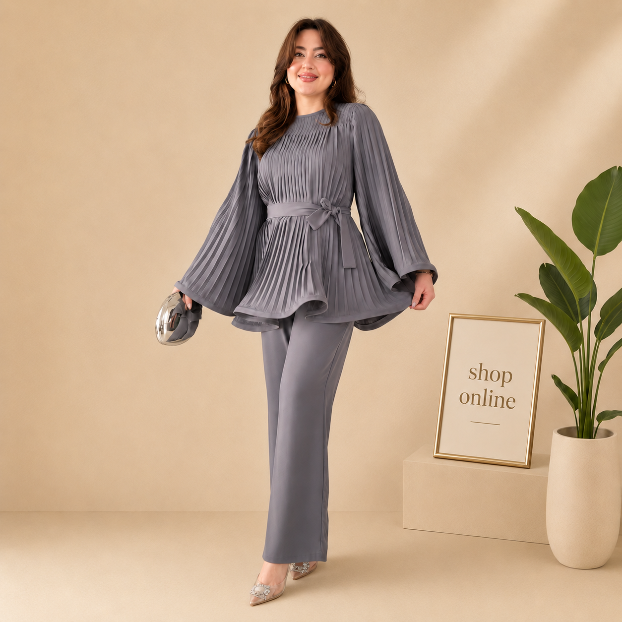 GREY PLEATED FROCK CO ORD SET