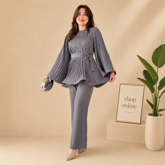 GREY PLEATED FROCK CO ORD SET