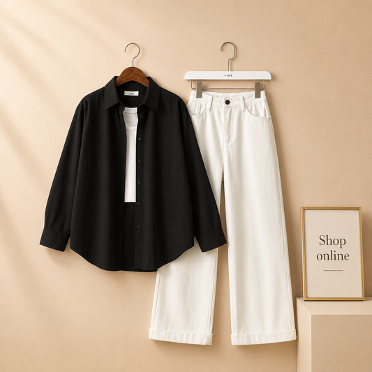 BLACK BUTTON SHIRT WITH WHITE WIDE LEG JEANS COMBO