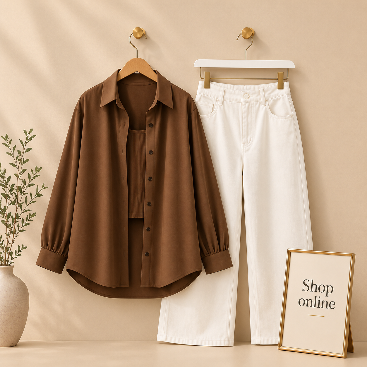 COFEE BROWN BUTTON SHIRT WITH WHITE WIDE LEG JEANS COMBO