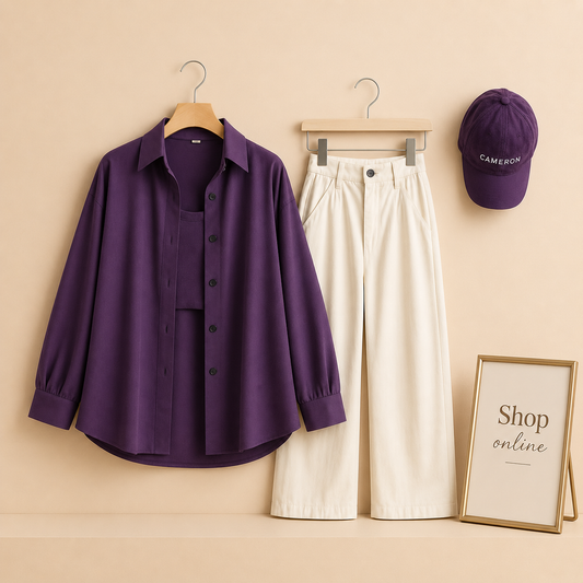 PURPLE BUTTON SHIRT WITH WHITE WIDE LEG JEANS COMBO