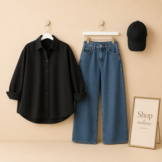 BLACK BUTTON SHIRT WITH SKY BLUE WIDE LEG JEANS COMBO