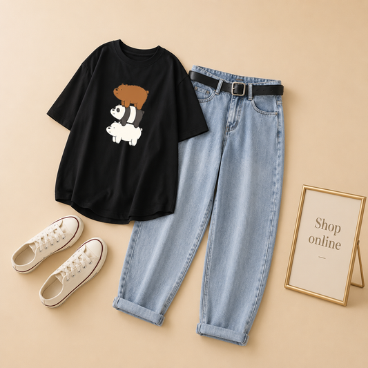 BLACK BEAR ON BEAR TSHIRT WITH ICE BLUE MOM JEANS