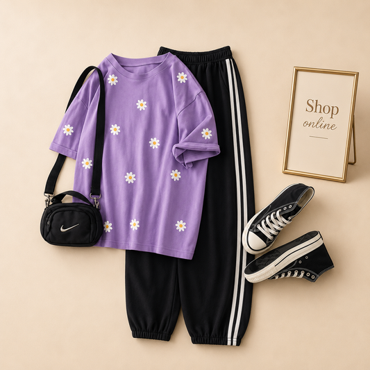 DAISY ALL OVER TSHIRT LILAC WITH 3 STRIPES TROUSER