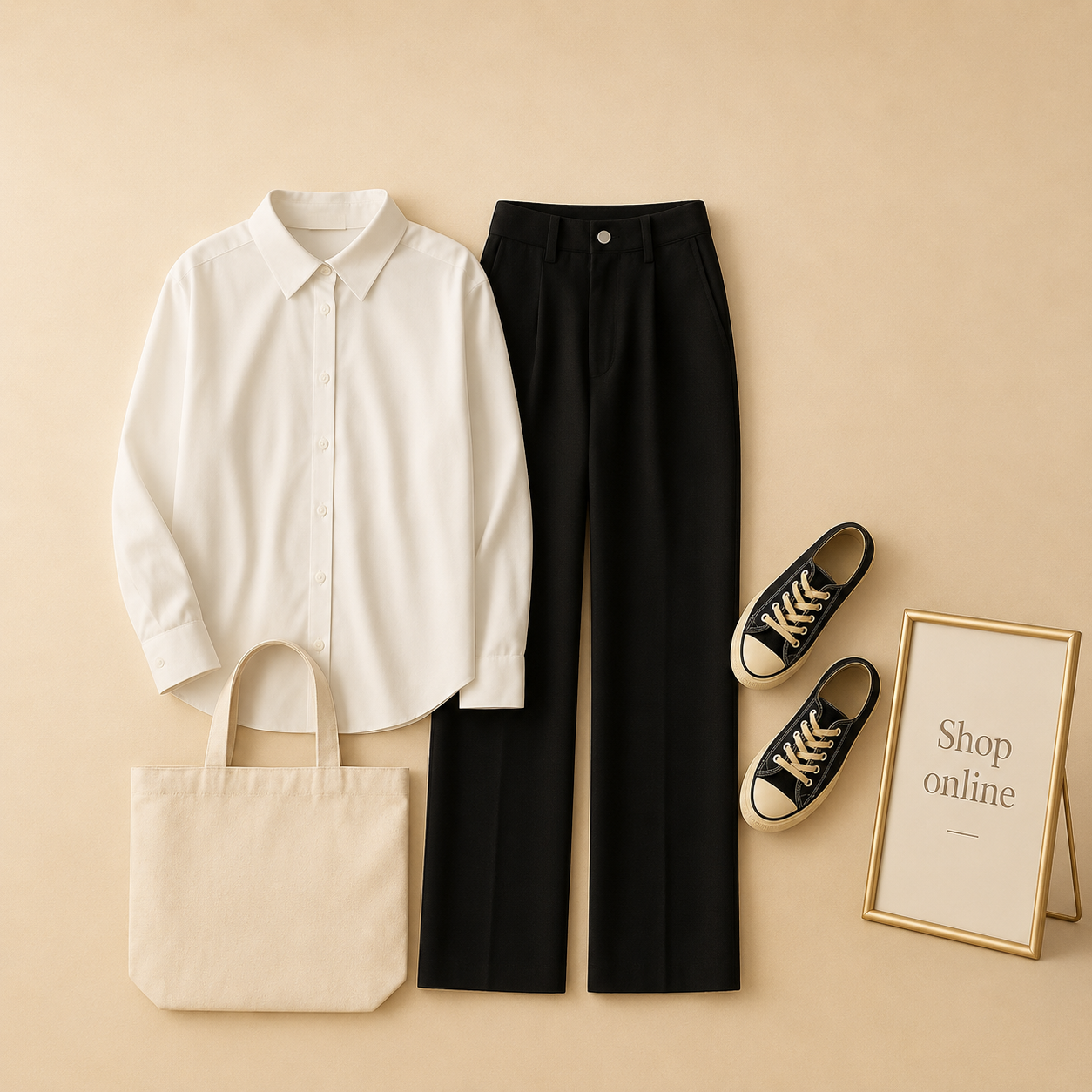 WHITE BUTTON DOWN SHIRT WITH BLACK WIDE LEG