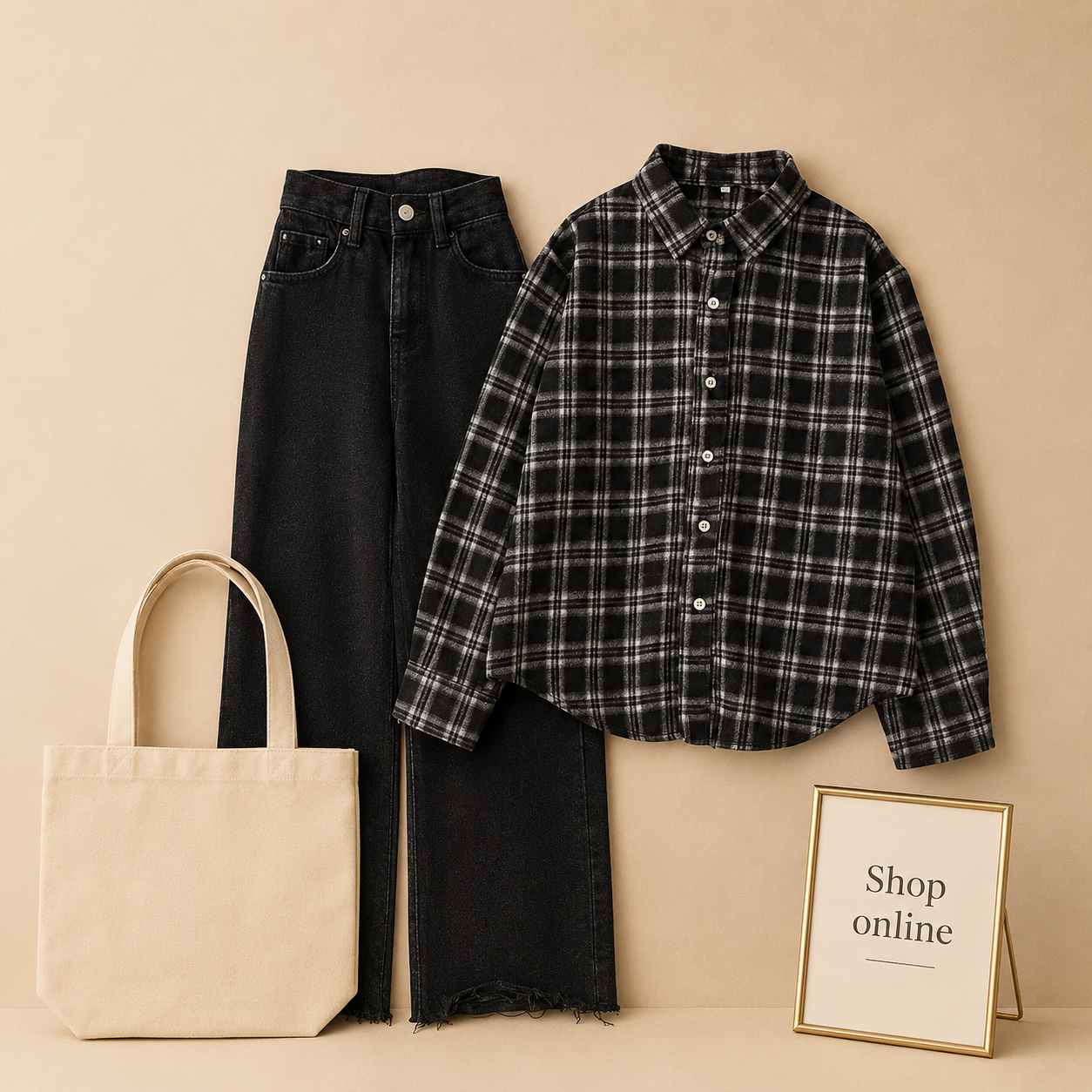 BLACK SIMPLE CHECK WITH BLACK WIDE LEG