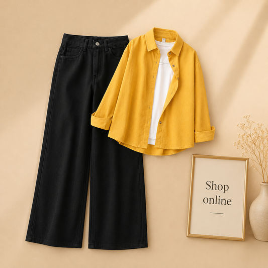MUSTARD BUTTON DOWN SHIRT WITH INNER WITH BLACK WIDE LEG JEANS