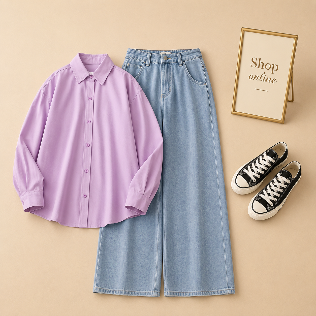 LILAC BUTTON SHIRT WITH ICE BLUE WIDE LEG
