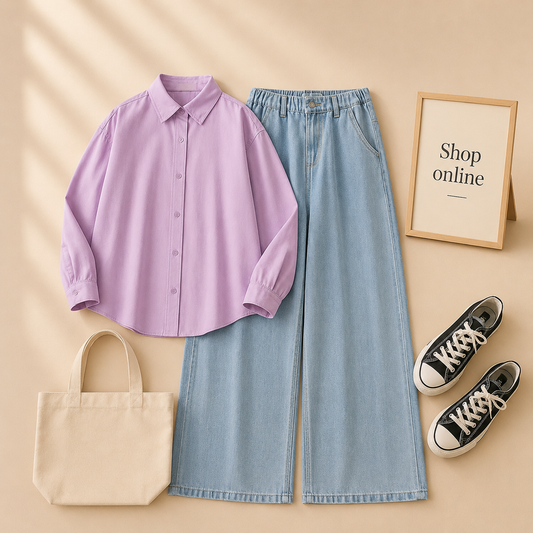 LILAC BUTTON DOWN SHIRT WITH ICE BLUE WIDE LEG JEANS