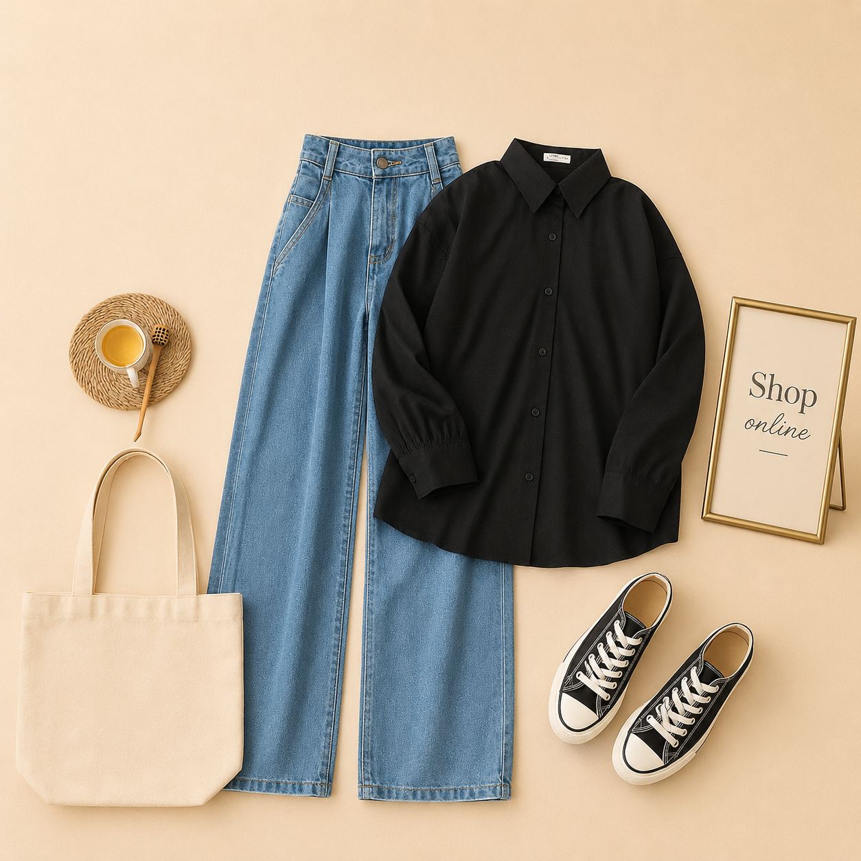 BLACK BUTTON DOWN SHIRT WITH MID BLUE WIDE LEG JEANS