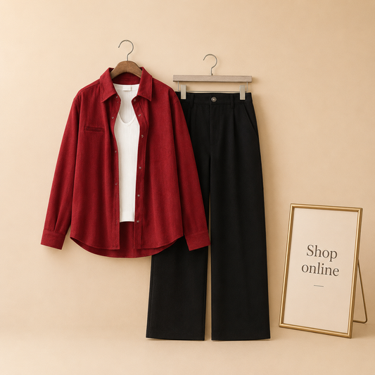MAROON BUTTON SHIRT WITH INNER AND BLACK WIDE LEG JEANS (3PCS)