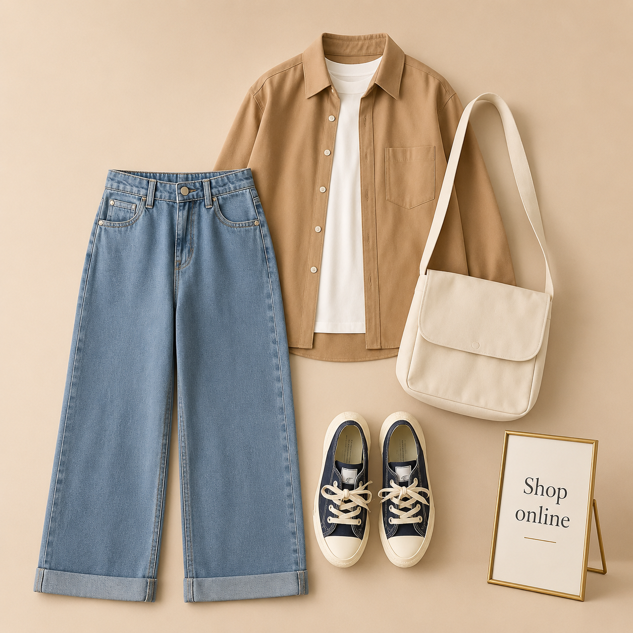 COFEE BROWN SHIRT WITH INNER AND ICE BLUE WIDE LEG JEANS (3PCS)