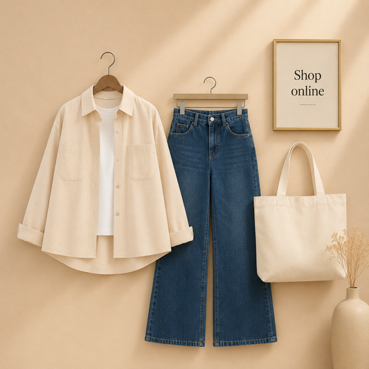 OFFWHITE SHIRT WITH INNER AND MID BLUE WIDE LEG JEANS (3PCS)