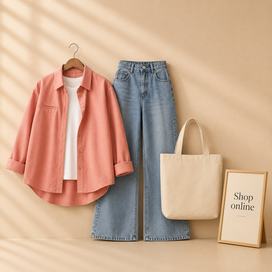 PINK BUTTON DOWN SHIRT WITH INNER AND WITH ICE BLUE WIDE LEG JEANS (3PCS)