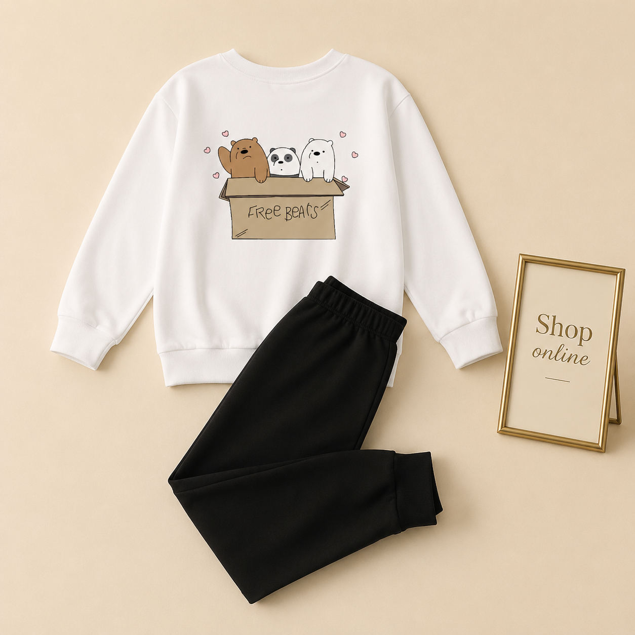 WHITE FREE BEAR SWEATSHIRT WITH BLACK TROUSER