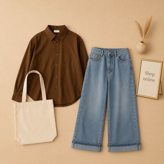 COFFE BROWN SHIRT WITH ICE BLUE WIDE LEG