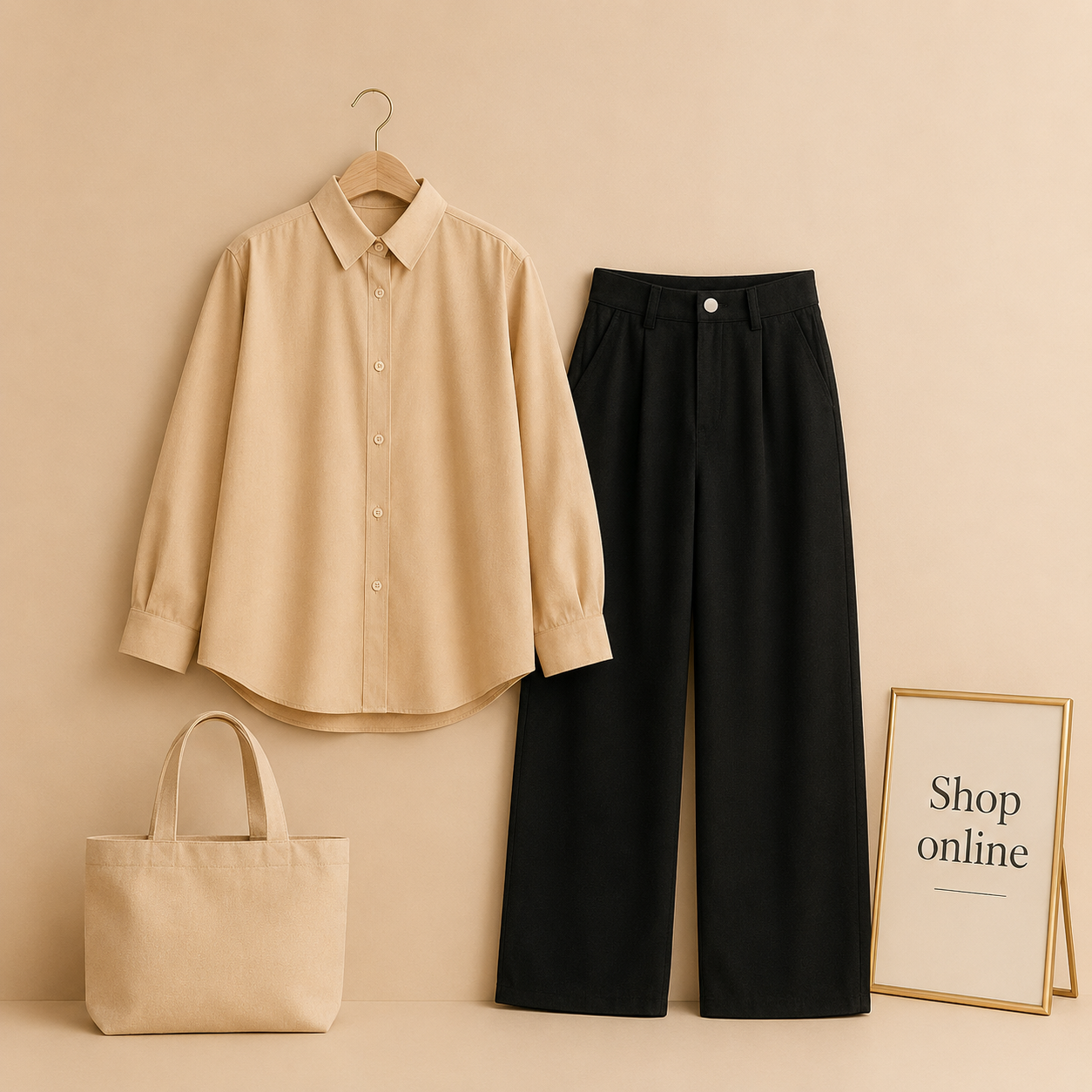 CREAM BUTTON DOWN SHIRT WITH BLACK WIDE LEG JEANS