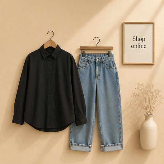 BLACK BUTTON SHIRT WITH SKY BLUE WIDE LEG JEANS