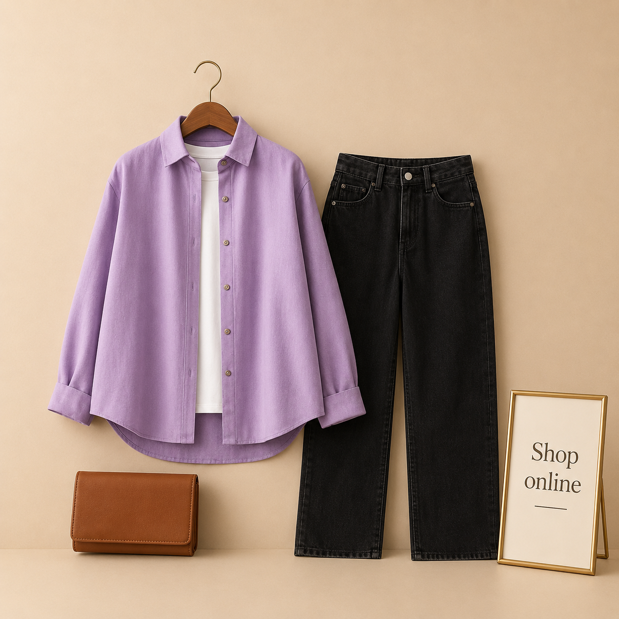LILAC BUTTON DOWN SHIRT WITH BLACK WIDE LEG JEANS AND INNER