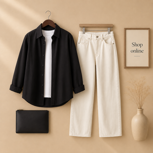 BLACK BUTTON DOWN SHIRT WITH WHITE WIDE LEG JEANS WITH INNER