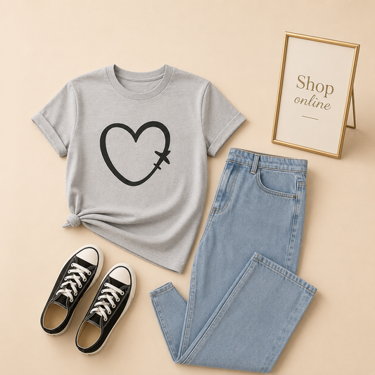 GREY TSHIRT PLANE HEART WITH ICE BLUE WIDE LEG JEANS