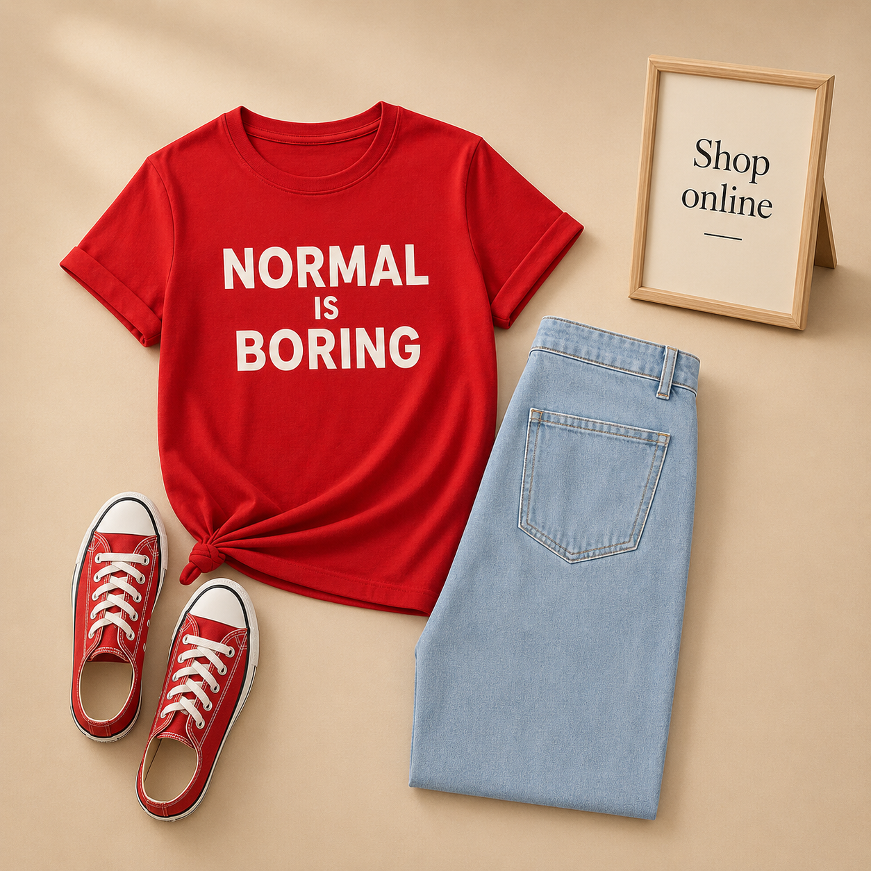 RED TSHIRT NORMAL IS BORING WITH ICE BLUE WIDE LEG