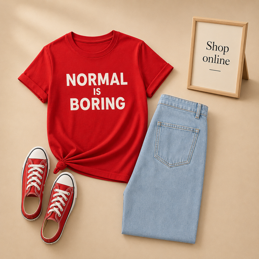 RED TSHIRT NORMAL IS BORING WITH ICE BLUE WIDE LEG