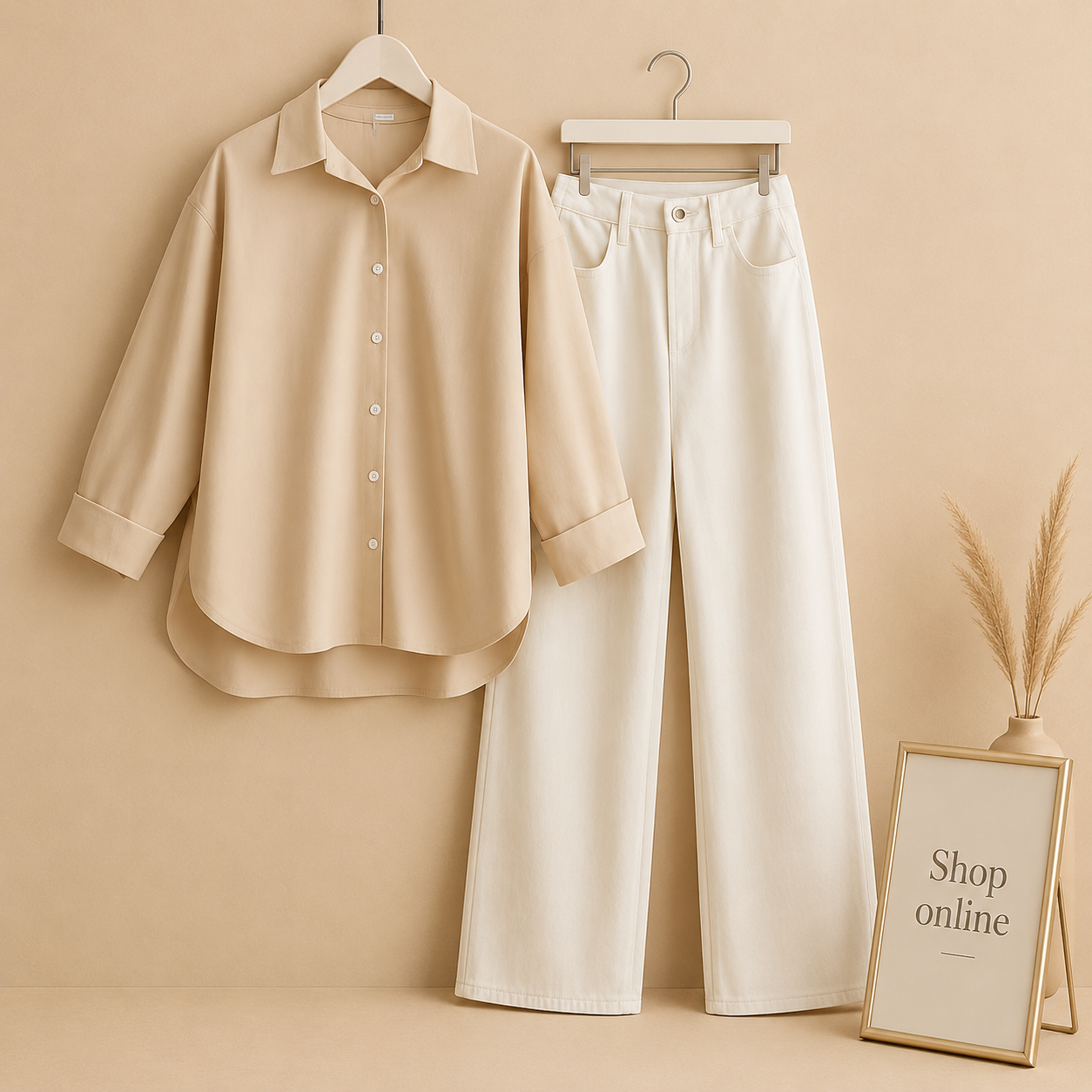 OFF WHITE BUTTON DOWN SHIRT WITH WHITE WIDE LEG JEANS