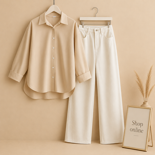 OFF WHITE BUTTON DOWN SHIRT WITH WHITE WIDE LEG JEANS