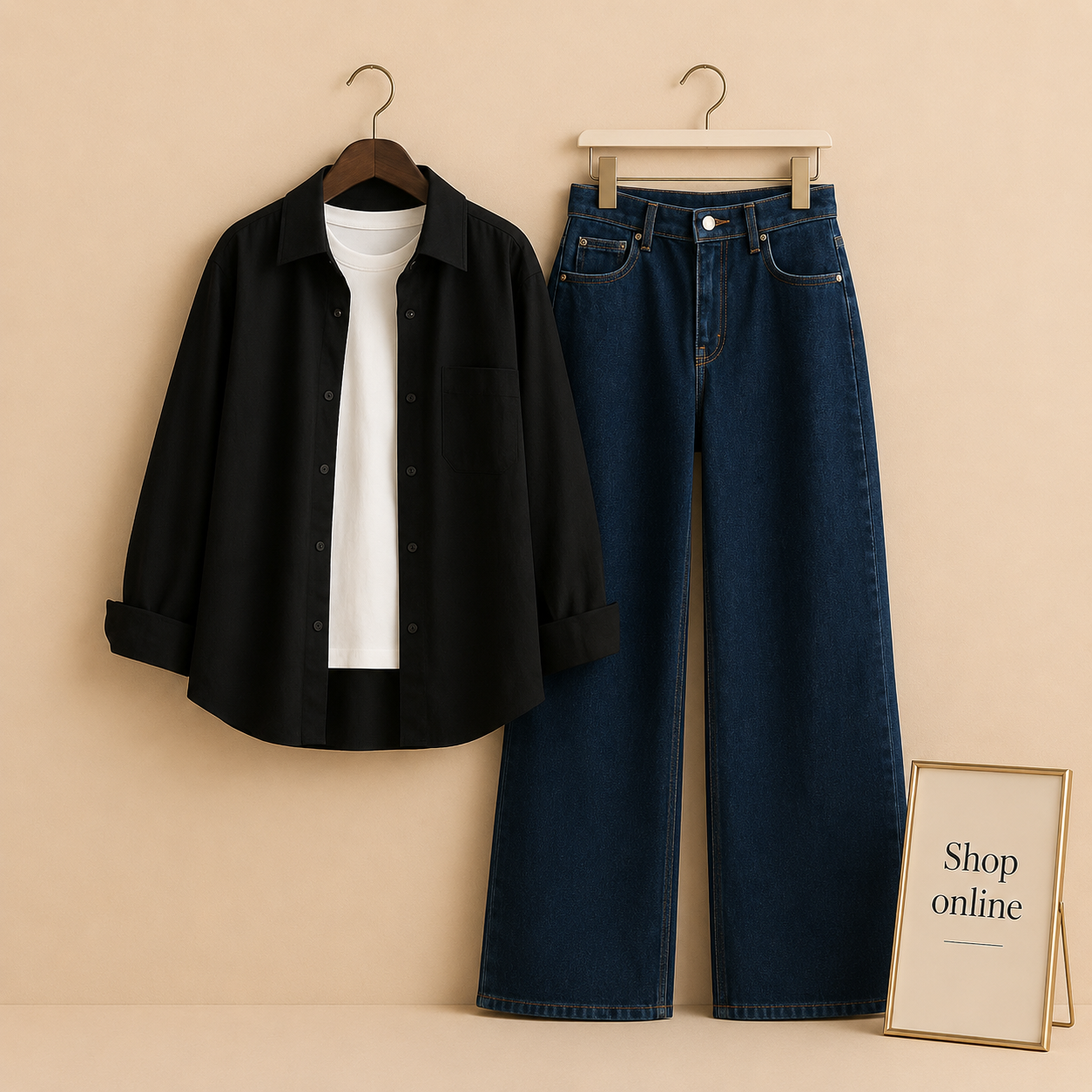 BLACK BUTTON DOWN SHIRT WITH MID BLUE WIDE LEG JEANS AND INNER