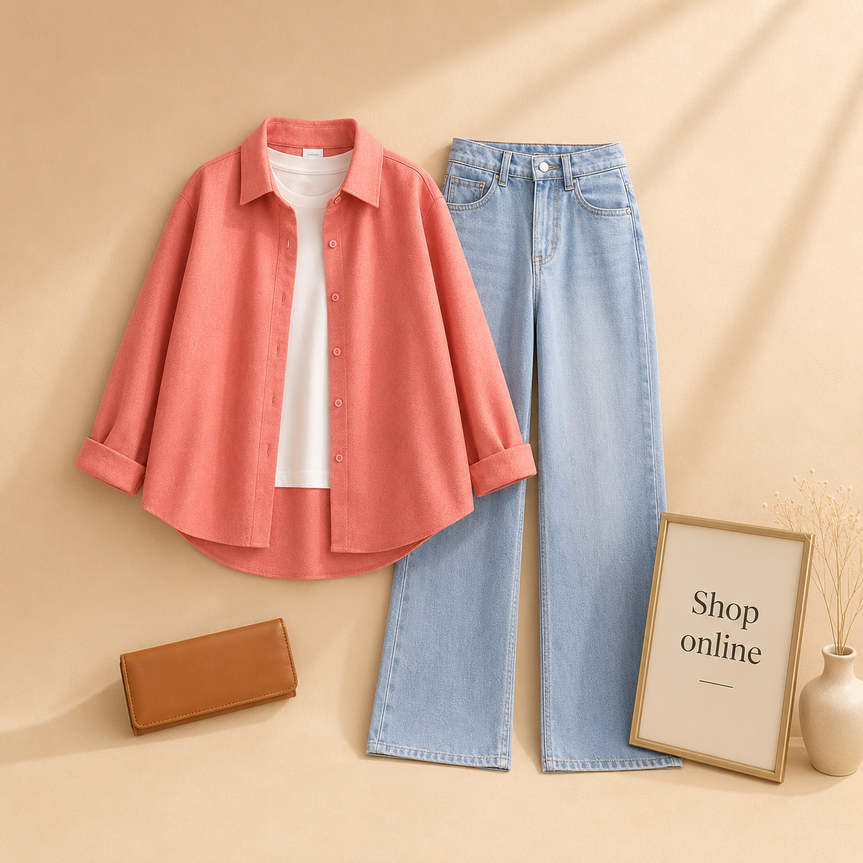 PINK BUTTON DOWN SHIRT WITH ICE BLUE WIDE LEG JEANS AND INNER