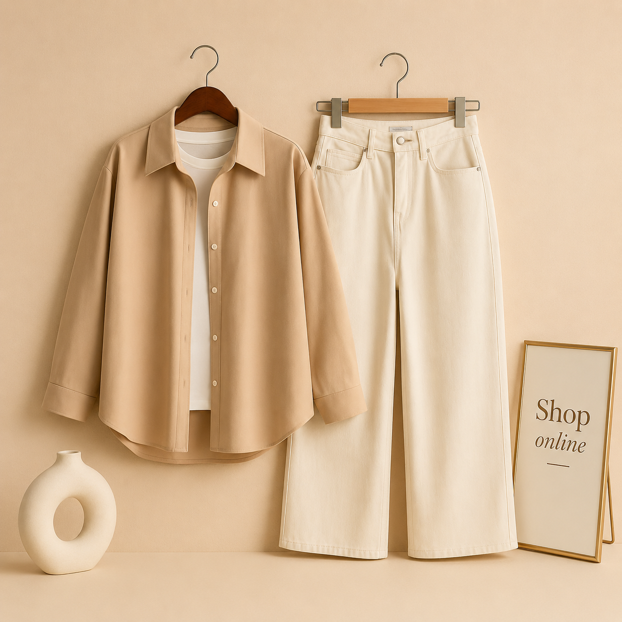 CREAM BUTTON DOWN SHIRT WITH WHITE WIDE LEG JEANS AND INNER