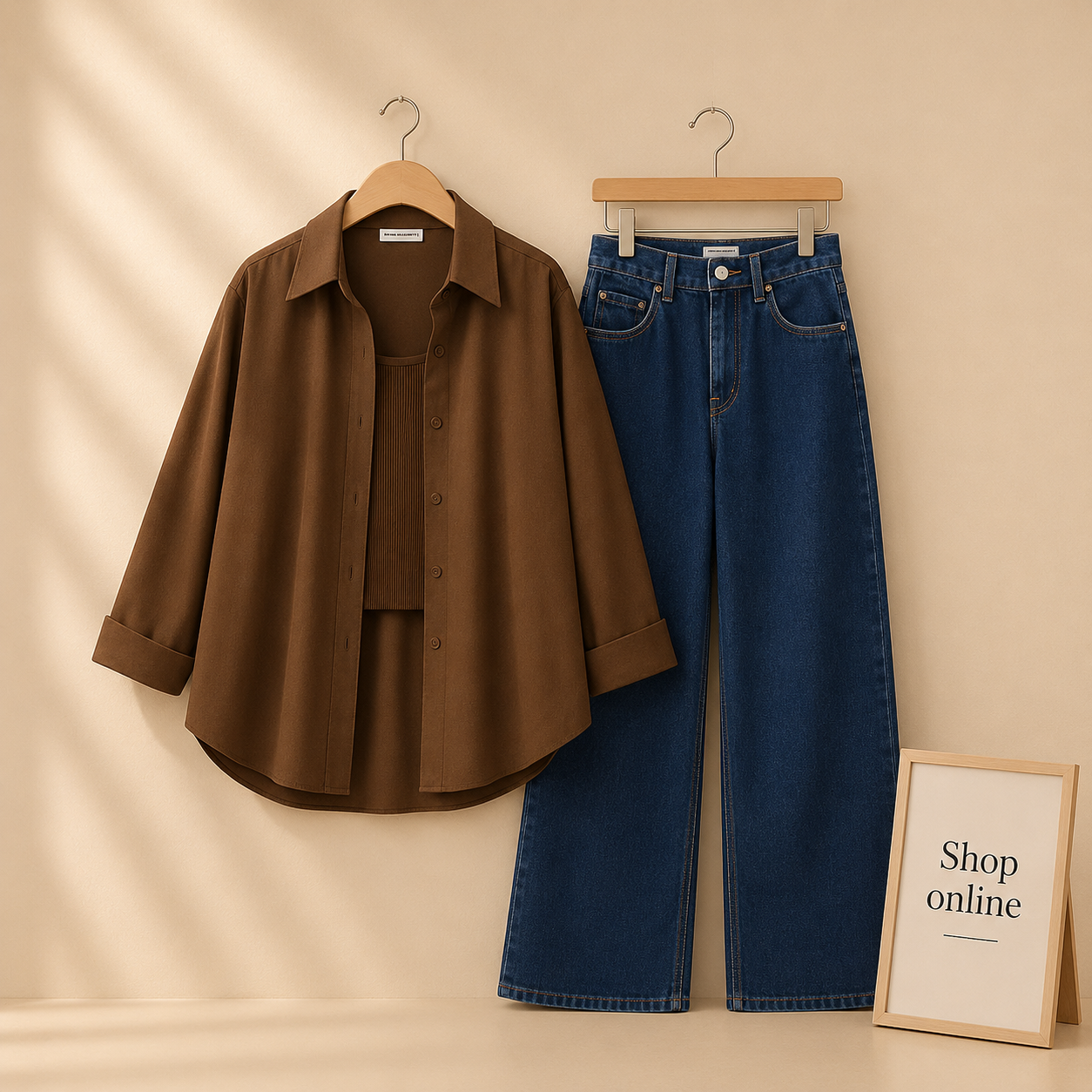 BROWN BUTTON DOWN SHIRT WITH MID BLUE MID BLUE WIDE LEG JEANS AND BROWN TANK TOP