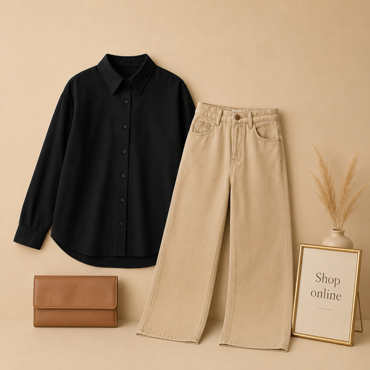 BLACK BUTTON DOWN SHIRT WITH BEIGE WIDE LEG JEANS
