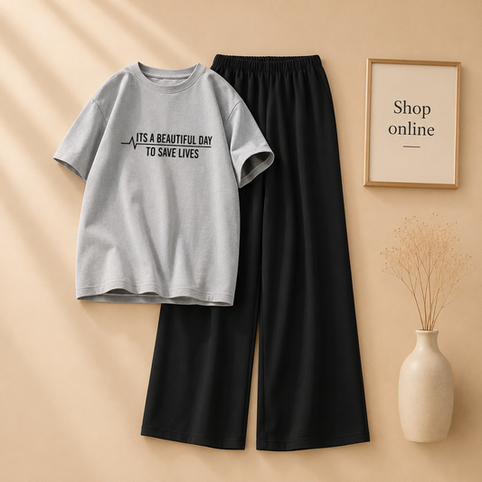 GREY TSHIRT ITS A BEAUTIFUL DAY WITH BLACK FLAPPER