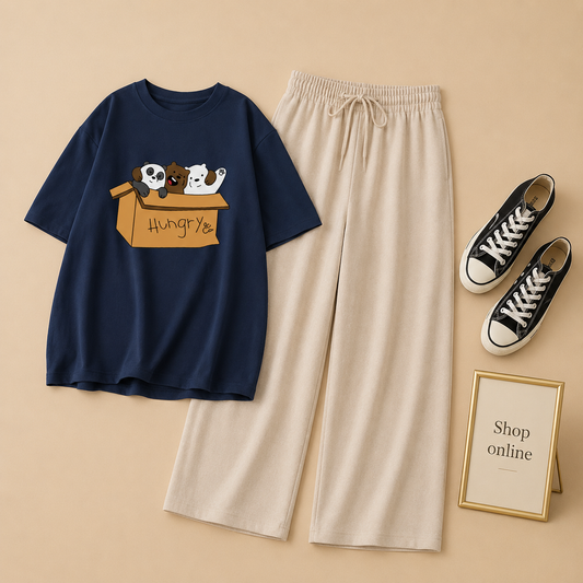 Navy blue tshirt hungry bear with beige flapper