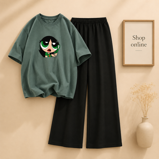 BOTTLE GREEN TSHIRT BUTTERCUP WITH BLACK FLAPPER