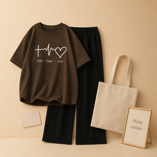 BROWN TSHIRT WITH FAITH LOVE HOPE WITH BLACK FLAPPER