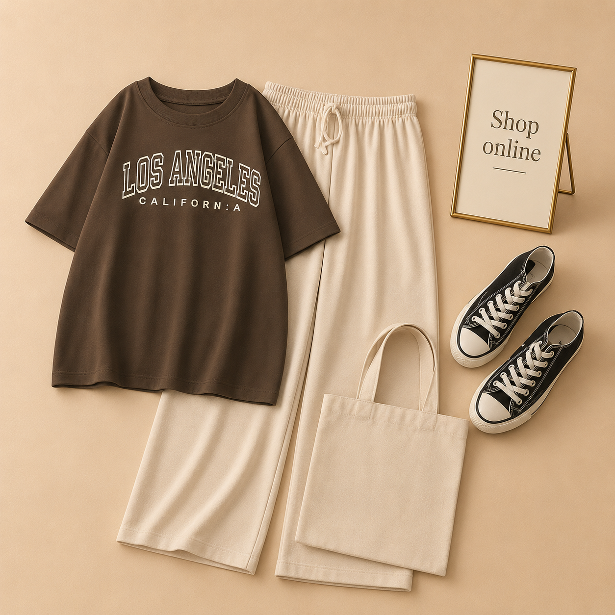BROWN TSHIRT LOS ANGLES WITH BEIGE FLAPPER