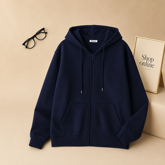 Basic Navy Blue Zipper Hoodie