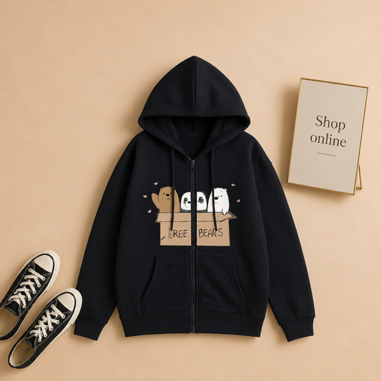BLACK FREE BEARS ZIPPER HOODIE