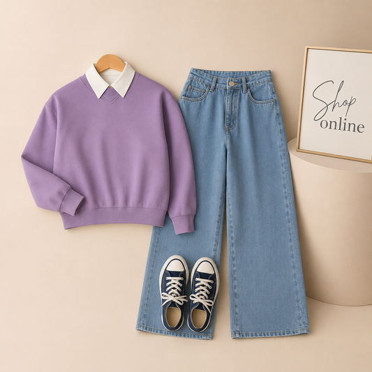 Lilac / Sea Blue Collar sweat and wideleg jeans