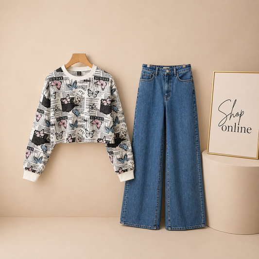 White / Den Blue  Crop sweat and wideleg jeans