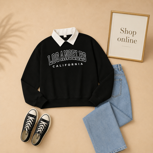 Black / Midblue Collar sweat and wideleg jeans