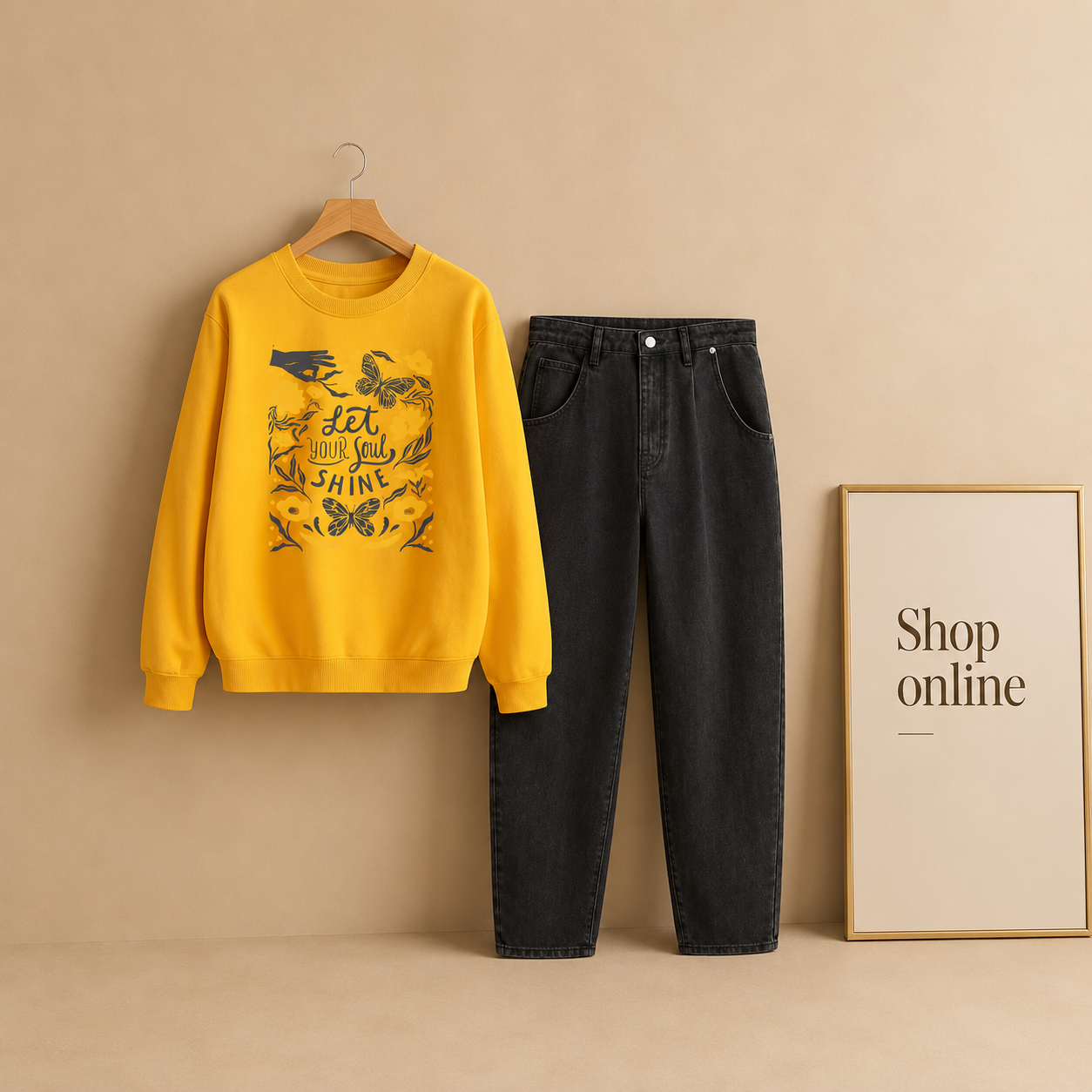 MUSTARD LET YOUR SOUL SWEATSHIRT WITH BLACK MOM JEANS